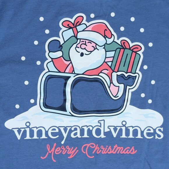 Vineyard Vines Blue Long Sleeve Pocket Tee Santa Sleigh Merry Christmas Tee - XS - Picture 2 of 8